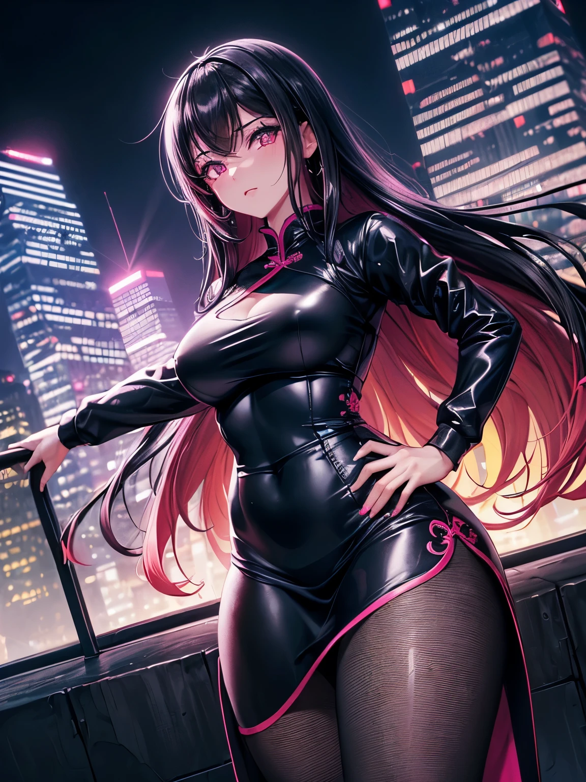 アニメ, (work of art, best qualityer, ultra detali, hight contrast), 1womanl (standing alone, whole body, corpo plus size, standing on the edge of the skyscraper, silver hair, LONG in a ponytail, Eyes red, perfect eyes ruby sparkles, (simple black qipao, black cybernetics with neon pink), black transparent socks), (skyscraper roof, overlooking a city, detailed back ground ((Night time, darkness, low light pollution)))