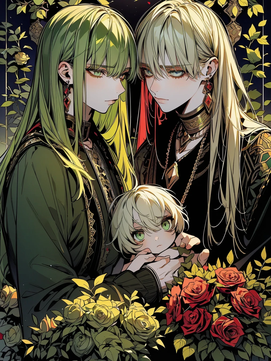 absurd resolution, high resolution, ultra detailed, HDR, master piece, best quality, extremely detailed face and eyes, beautiful vibrant eyes, blonde hair, caster Gilgamesh, expressive eyes, fate grand order, Enkidu, green hair, expressive eyes, gay couple, two men only, handsome, garden, red roses, petals, arabian clothes