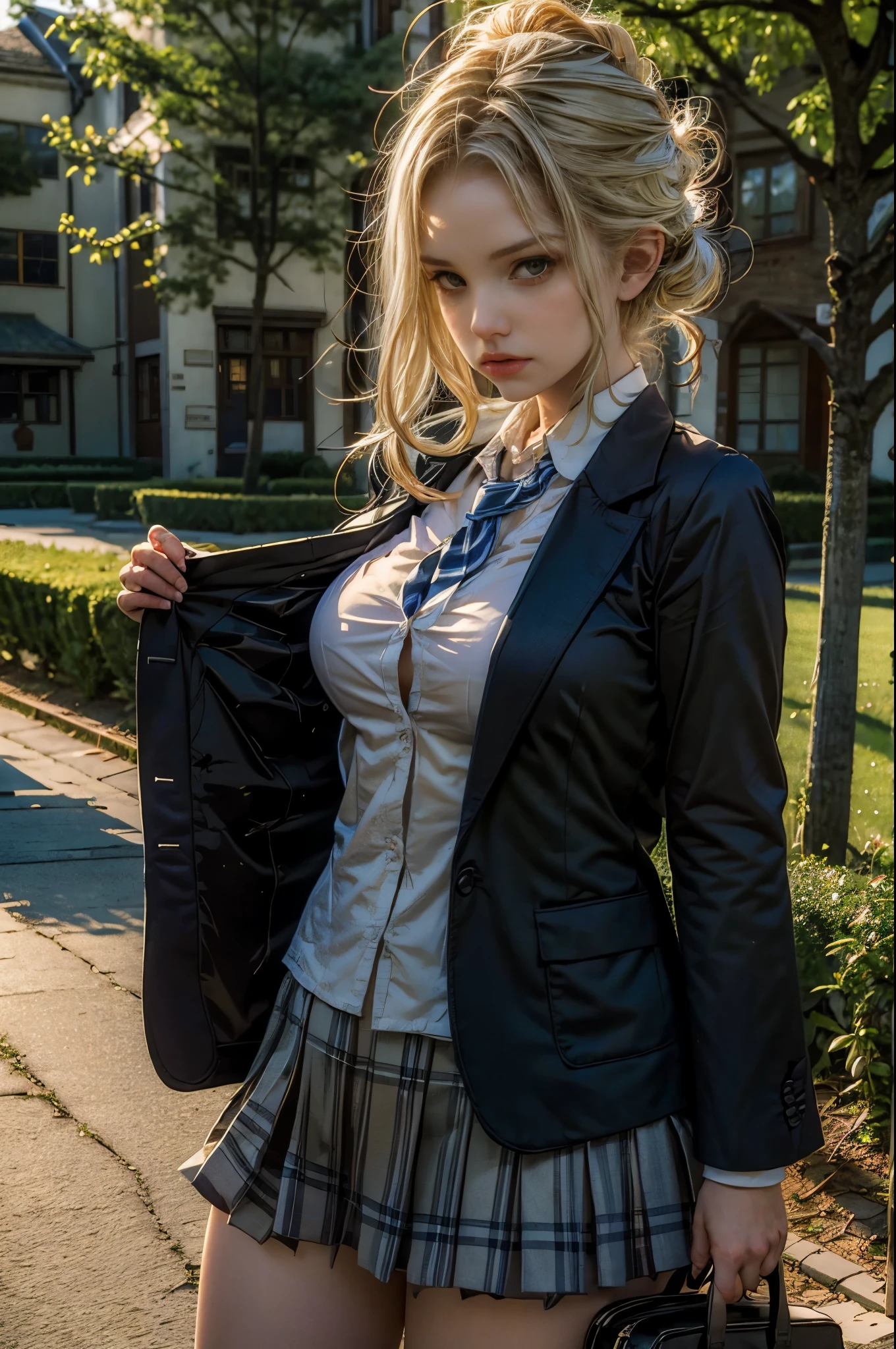 ((best quality)), ((masterpiece)), (detailed), school blazer, private school girl, liz.ashley, unbuttoned, outdoors