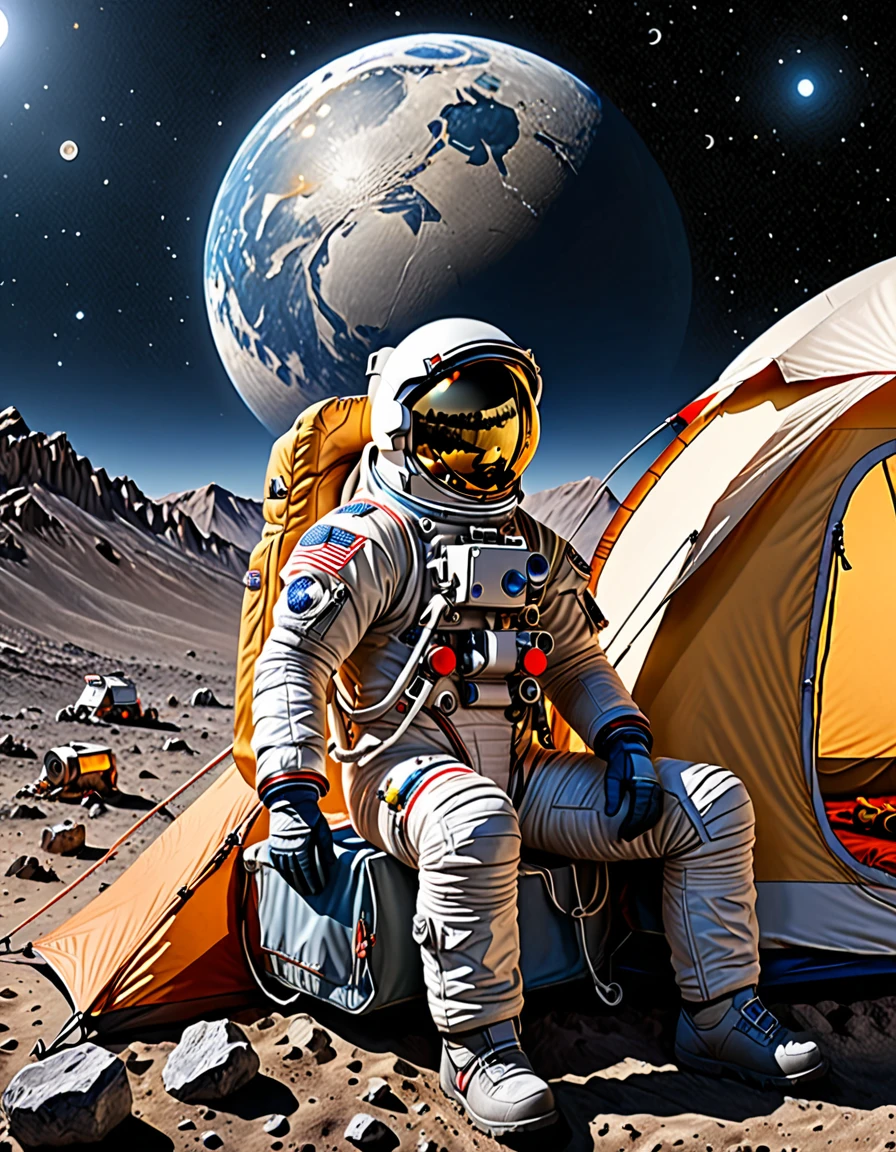 1male\(astronaut,wearing spacesuit,camping at moon,sitting,looking away\), BREAK ,background\((at moon),camping,(tent),(you can see the blue earth in the sky),cosmic,space,small spaceship\), BREAK ,quality\(8k,wallpaper of extremely detailed CG unit, ​masterpiece,hight resolution,top-quality,top-quality real texture skin,hyper realisitic,increase the resolution,RAW photos,best qualtiy,highly detailed,the wallpaper,cinematic lighting,ray trace,golden ratio\),(landscape,long shot)