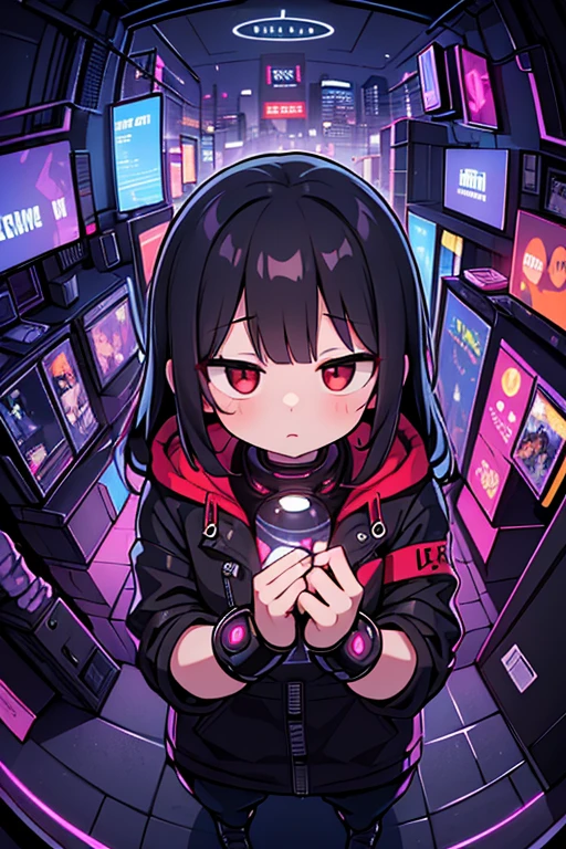 ((masterpiece)), (highest quality), (Cinema Lighting), Backlight, Side light, Soft Light, (Fisheye Lens:1.2), From above, throw, (cyberpunk night street:1.2), (Dynamic pose), extending hand against throw, View Viewer, (Thin face), Plump Cheeks, Cybernetic arm, Black hair with red highlights, wearing a drip coat