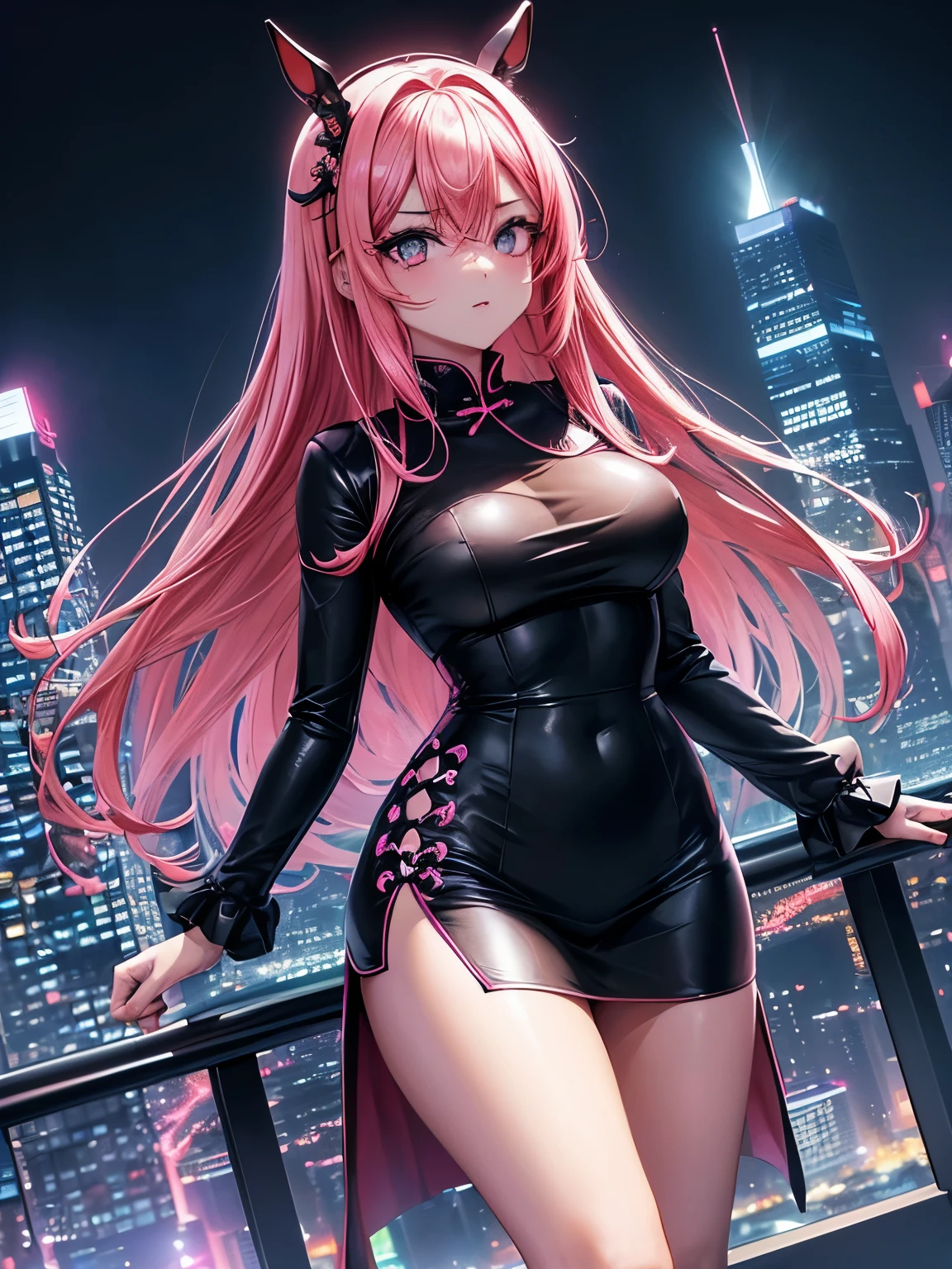 アニメ, (work of art, best qualityer, ultra detali, hight contrast), 1womanl (standing alone, whole body, corpo plus size, standing on the edge of the skyscraper, silver hair, LONG in a ponytail, Eyes red, perfect eyes ruby sparkles, (simple black qipao, black cybernetics with neon pink), black transparent socks), (skyscraper roof, overlooking a city, detailed back ground ((Night time, darkness, low light pollution)))