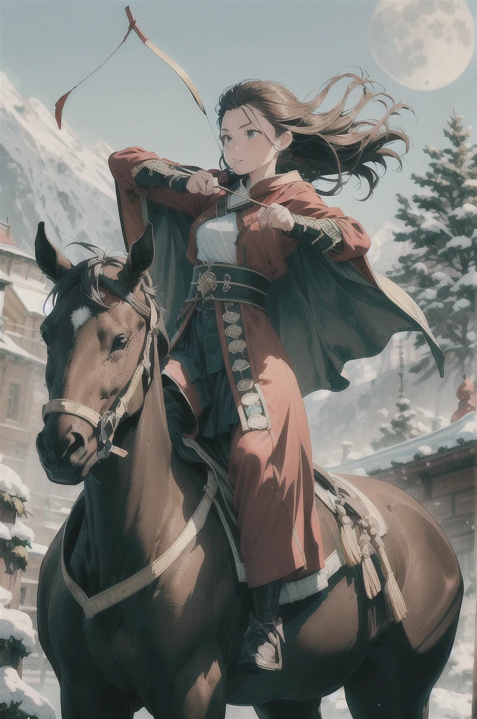 1girl, mounted archery, archery, horseback riding , horse, cape, armor, ((moon night)), masterpiece, best quality, 8k, outdoors, Ancient Chinese fortresses background, city walls, grass, snow,(late night), 
bow \(weapon\), arrow (projectile), drawing bow, aiming, holding weapon, holding bow (weapon), holding