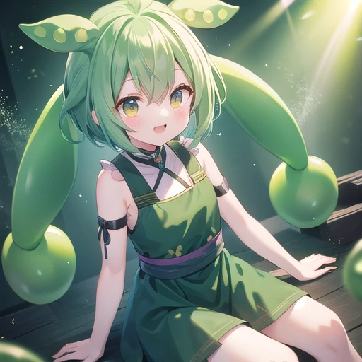 Dark green hair, eyes are yellow,Wavy Hair, Floating Hair, smile, Sitting, Open your mouth, Particles of light, Aqua Eye, Looking at the audience