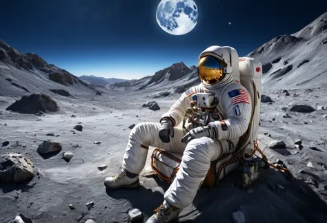 1male\(astronaut,wearing spacesuit,camping at moon,sitting,looking away,peace sign\), BREAK ,background\((at moon),camping,(tent...