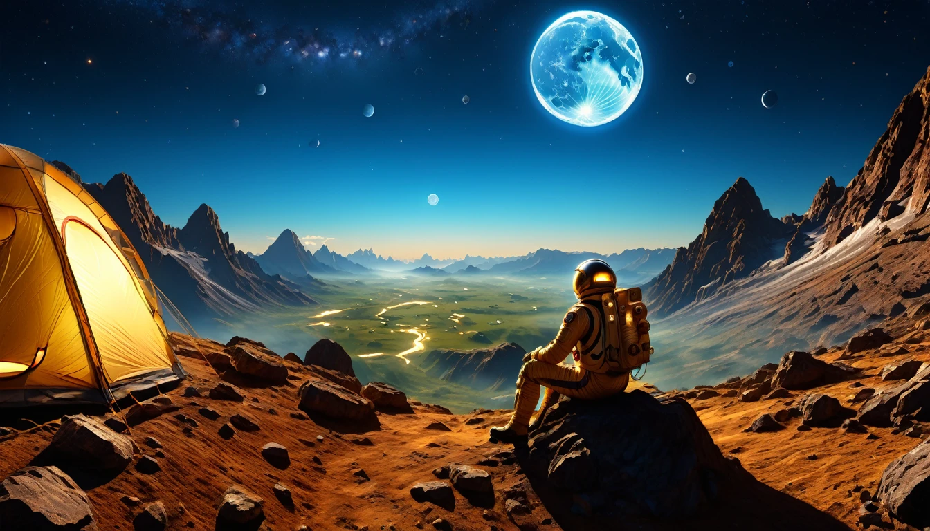 1male\(astronaut,wearing spacesuit,camping at moon,sitting,looking away,peace sign\), BREAK ,background\((at moon),camping,(tent),(you can see the blue earth in the sky:1.3),cosmic,space,small spaceship\), BREAK ,quality\(8k,wallpaper of extremely detailed CG unit, ​masterpiece,hight resolution,top-quality,top-quality real texture skin,hyper realisitic,increase the resolution,RAW photos,best qualtiy,highly detailed,the wallpaper,cinematic lighting,ray trace,golden ratio\),(landscape,long shot)