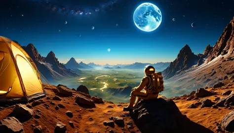 1male\(astronaut,wearing spacesuit,camping at moon,sitting,looking away,peace sign\), BREAK ,background\((at moon),camping,(tent...