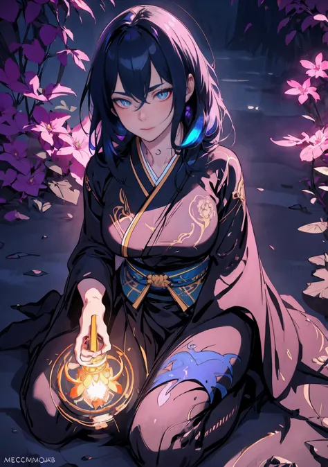 neon light, a beautiful girl wearing intricate detailed black kimono holding an iridescence glowing katana, made of liquid metal...