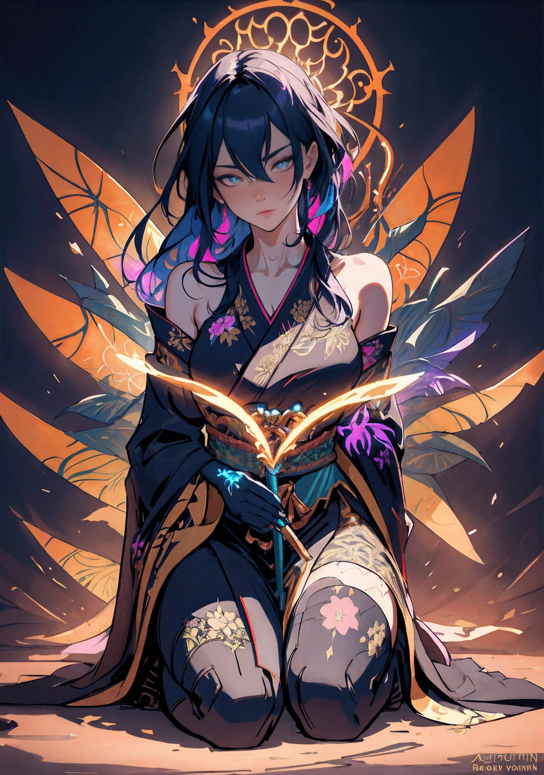 neon light, a beautiful girl wearing intricate detailed black kimono holding an iridescence glowing katana, made of liquid metal, in a fantasy art style, with long dark blue hair, sitting on the ground covered in bioluminescence floral, with a highly detailed face and beautiful eyes in the style of WLOP and Krenz Cushart, Artgerm, j.c leyendecker, Greg Rutkowski, Alphonse Mucha, with a hyper realistic, cinematic lighting