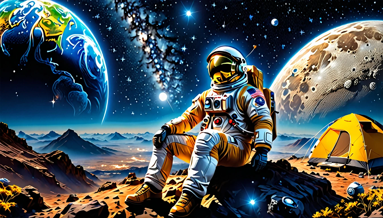 1male\(astronaut,wearing spacesuit,camping at moon,sitting,looking away,peace sign\), BREAK ,background\((at moon),camping,(tent),(you can see the blue earth in the sky:1.3),cosmic,space,small spaceship\), BREAK ,quality\(8k,wallpaper of extremely detailed CG unit, ​masterpiece,hight resolution,top-quality,top-quality real texture skin,hyper realisitic,increase the resolution,RAW photos,best qualtiy,highly detailed,the wallpaper,cinematic lighting,ray trace,golden ratio\),(landscape,long shot)