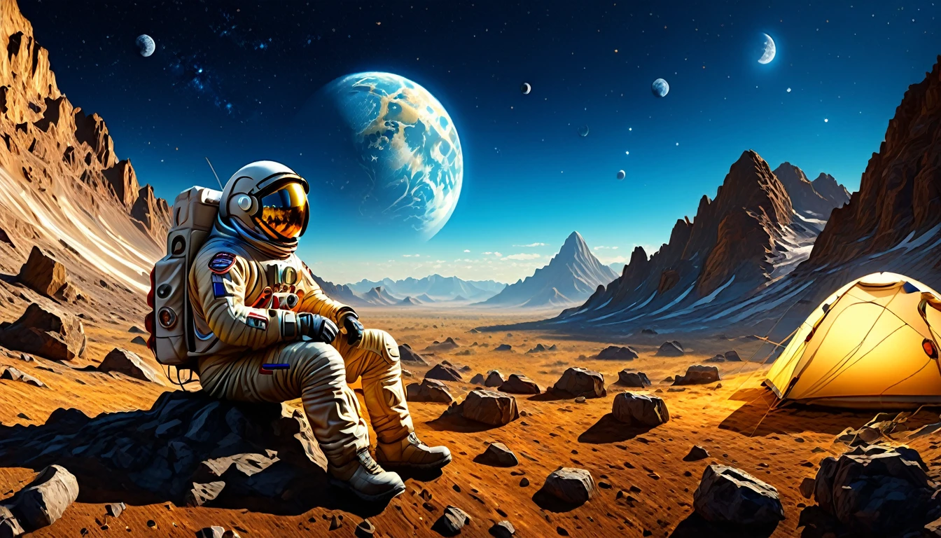 1male\(astronaut,wearing spacesuit,((camping at moon,sitting)),looking away,peace sign\), BREAK ,background\((at moon),camping,(1tent),(you can see the blue earth in the sky:1.3),cosmic,space,small spaceship\), BREAK ,quality\(8k,wallpaper of extremely detailed CG unit, ​masterpiece,hight resolution,top-quality,top-quality real texture skin,hyper realisitic,increase the resolution,RAW photos,best qualtiy,highly detailed,the wallpaper,cinematic lighting,ray trace,golden ratio\),(landscape,long shot)
