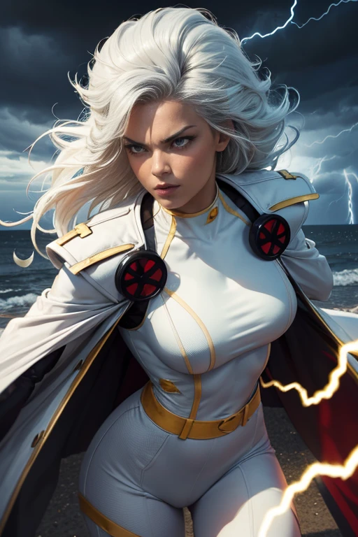 best quality,highres,ultra-detailed,realistic:1.37,professional,dynamic,action shot,storm character art,storm from the X-Men,storm conjuring lightning,storm with flowing white hair,storm with intense gaze,storm in a powerful pose,strong facial features,storm's iconic cape,storm surrounded by storm clouds,storm with dramatic lighting,storm's eyes glowing white,storm's lightning powers crackling,storm with an intense expression,storm with a determined look,storm wearing her classic costume,storm floating in the air,storm with winds swirling around her,storm creating a thunderstorm,storm casting lightning bolts,storm's cape billowing in the wind,storm with a fierce and confident posture,vivid colors,bokeh,portrait