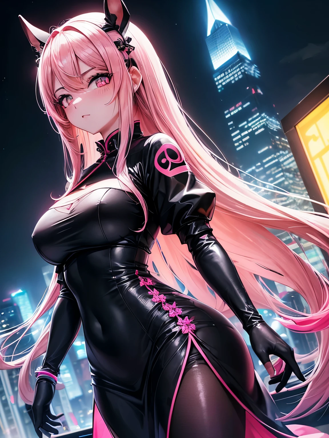 アニメ, (work of art, best qualityer, ultra detali, hight contrast), 1womanl (standing alone, whole body, corpo plus size, standing on the edge of the skyscraper, silver hair, LONG in a ponytail, Eyes red, perfect eyes ruby sparkles, (simple black qipao, black cybernetics with neon pink), black transparent socks), (skyscraper roof, overlooking a city, detailed back ground ((Night time, darkness, low light pollution)))