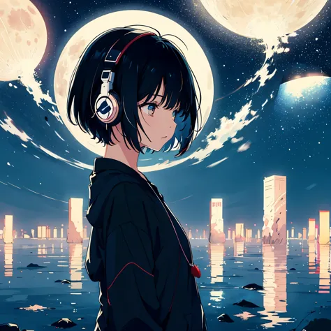 Create an illustration of a short-haired girl with black hair, wearing headphones. The girl should appear to be around 18 years ...