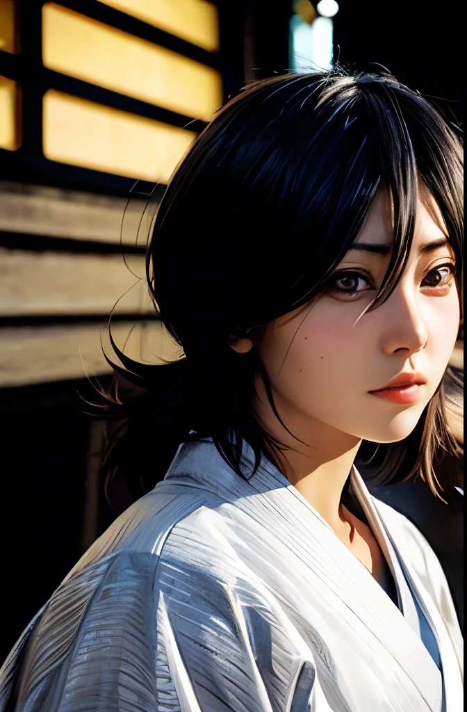 Thick outline, comics, Realistic, One girl, alone, ice, kuchiki_Rukia, Black kimono, Japanese Street, Detailed Background, Detailed face, Fine grain, 