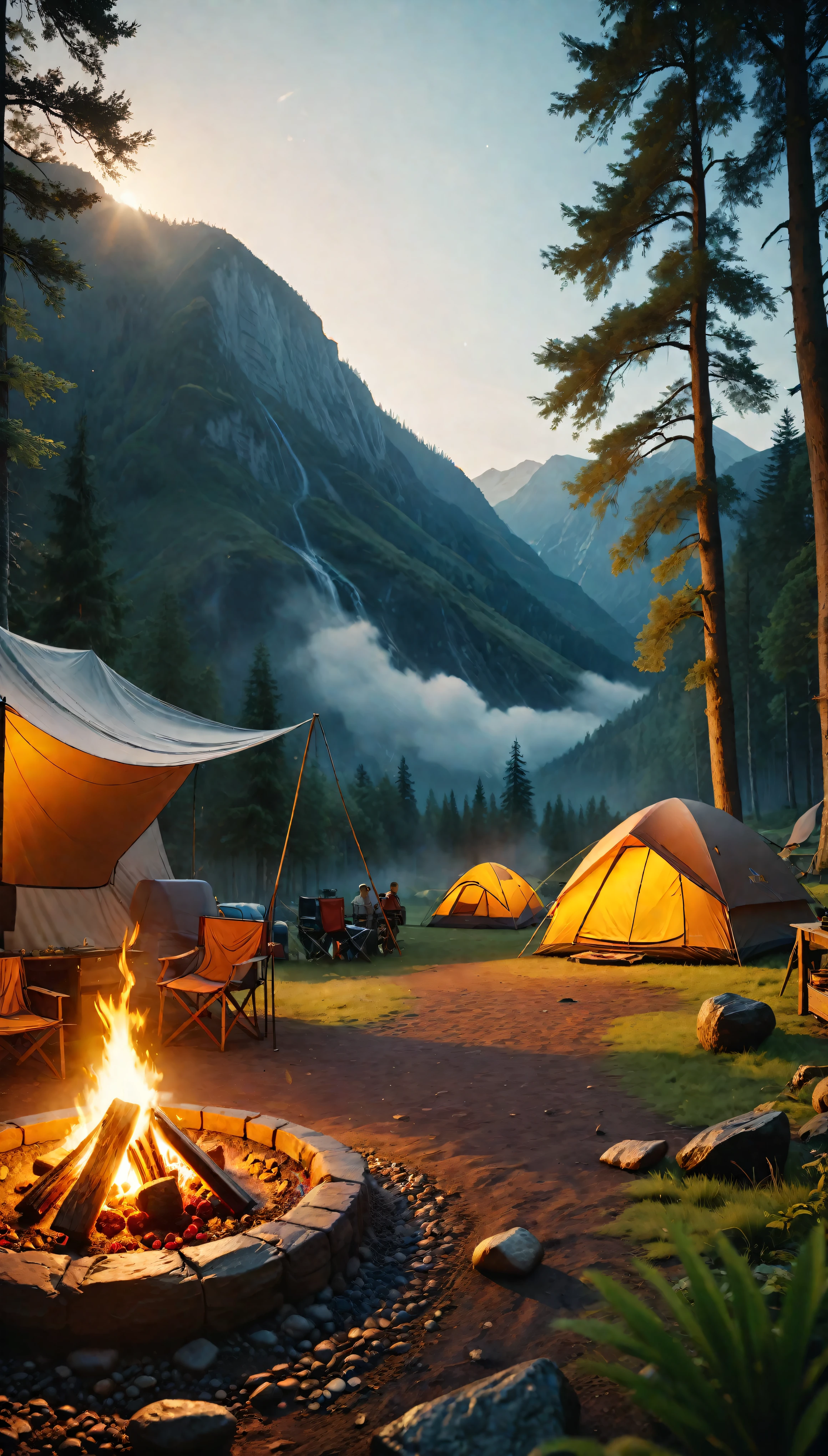 ((Masterpiece in maximum 16K resolution):1.6),((soft_color_photograpy:)1.5), ((Ultra-Detailed):1.4),((Movie-like still images and dynamic angles):1.3),((Wide cinematic lens):1.1). | ((Wide Cinematic shot of a warm campsite in a beautiful outdoors):1.2), ((a warm campsite):1.1), ((beautiful outdoors):1.3), (wide cinematic lens), (tyndall effect), (awesome landscape), (majestic sky), (heartwarming atmosphere), (shimmer), (visual experience) ,(Realism), (Realistic),award-winning graphics, dark shot, film grain, extremely detailed, Digital Art, rtx, Unreal Engine, scene concept anti glare effect, All captured with sharp focus. | Rendered in ultra-high definition with UHD and retina quality, this masterpiece ensures anatomical correctness and textured skin with super detail. With a focus on high quality and accuracy, this award-winning portrayal captures every nuance in stunning 16k resolution, immersing viewers in its lifelike depiction. | ((perfect_composition, perfect_design, perfect_layout, perfect_detail, ultra_detailed)), ((enhance_all, fix_everything)), More Detail, Enhance.