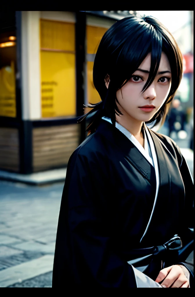 Thick outline, comics, Realistic, One girl, alone, ice, kuchiki_Rukia, Black kimono, Japanese Street, Detailed Background, Detailed face, Fine grain, 