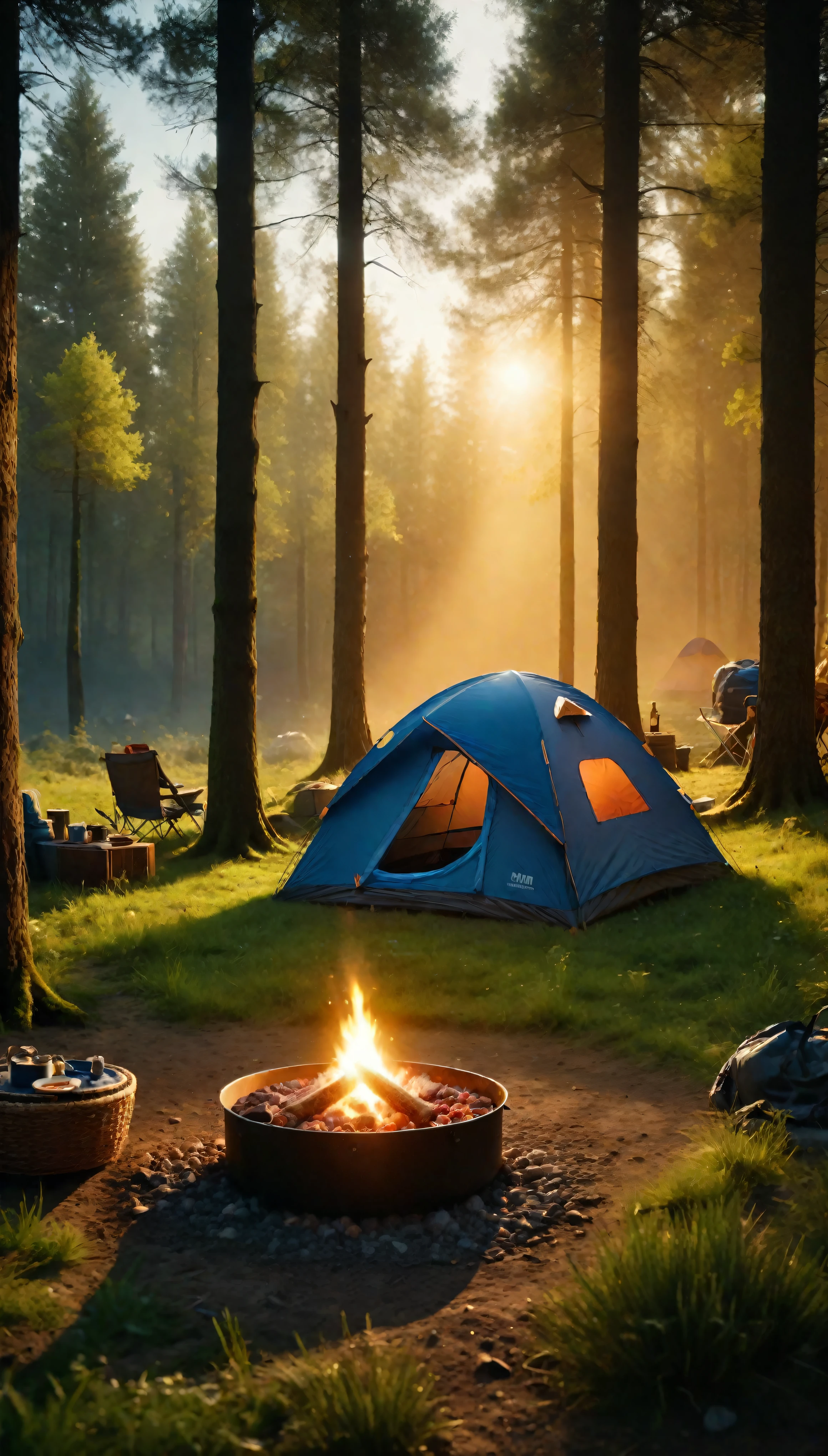 ((Masterpiece in maximum 16K resolution):1.6),((soft_color_photograpy:)1.5), ((Ultra-Detailed):1.4),((Movie-like still images and dynamic angles):1.3),((Wide cinematic lens):1.1). | ((Wide Cinematic shot of a warm campsite in a beautiful outdoors):1.2), ((a warm campsite):1.1), ((beautiful outdoors):1.3), (wide cinematic lens), (tyndall effect), (awesome landscape), (majestic sky), (heartwarming atmosphere), (shimmer), (visual experience) ,(Realism), (Realistic),award-winning graphics, dark shot, film grain, extremely detailed, Digital Art, rtx, Unreal Engine, scene concept anti glare effect, All captured with sharp focus. | Rendered in ultra-high definition with UHD and retina quality, this masterpiece ensures anatomical correctness and textured skin with super detail. With a focus on high quality and accuracy, this award-winning portrayal captures every nuance in stunning 16k resolution, immersing viewers in its lifelike depiction. | ((perfect_composition, perfect_design, perfect_layout, perfect_detail, ultra_detailed)), ((enhance_all, fix_everything)), More Detail, Enhance.