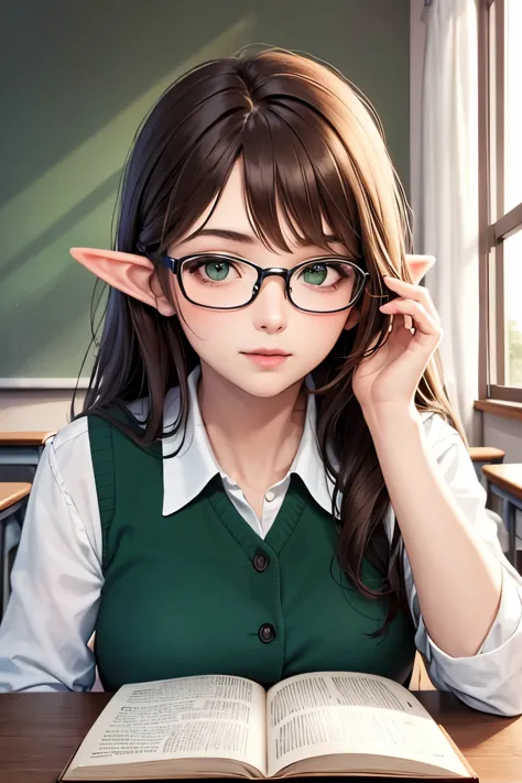 ((best quality)), ((masterpiece)), (detailed), perfect face, brown hair, long hair, elf ears, glasses, green eyes, teacher girl,...