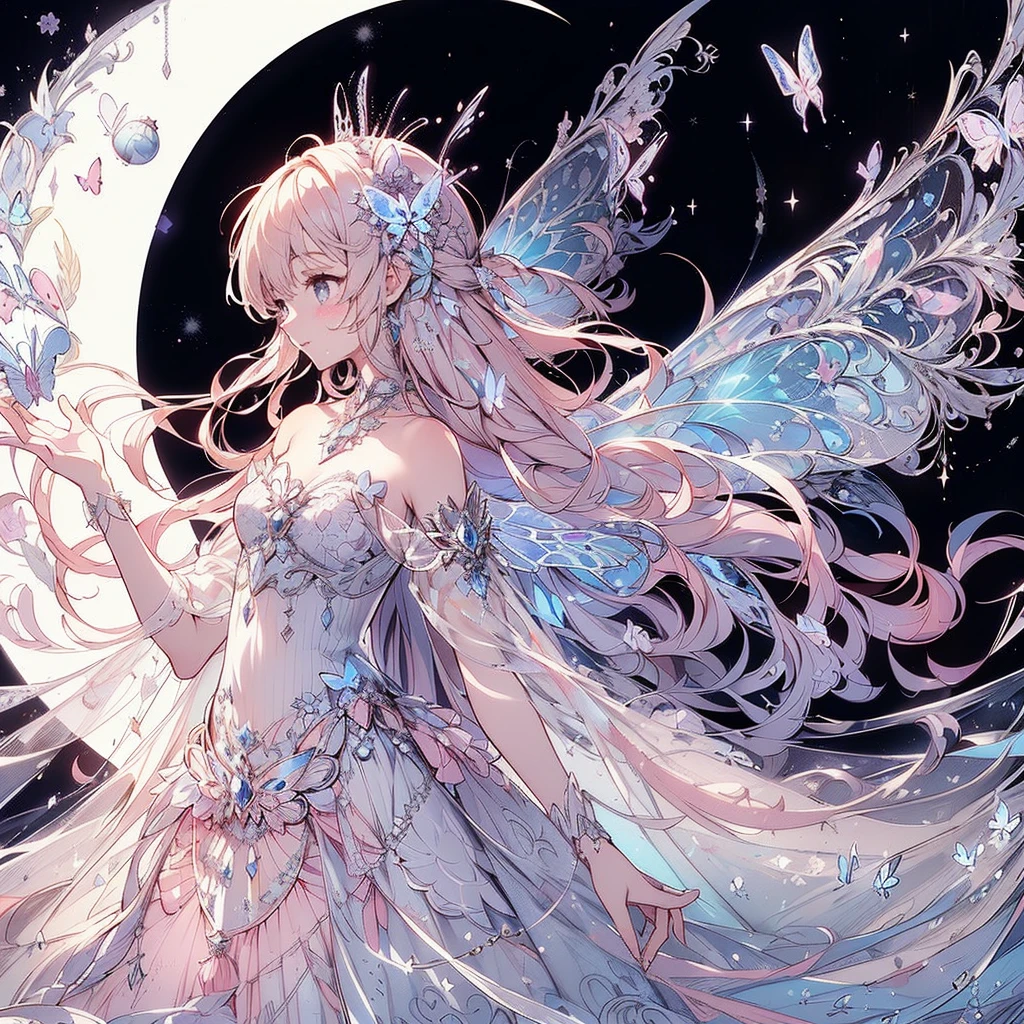 (Exquisite, beautiful, Very detailed, masterpiece, High resolution,high quality,High resolution),(Well-formed face,Soft and thin lines: 1.2, beautiful, Delicate and vivid illustrations with a mature and clear feel), In the middle of the night under the glittering crescent moon, a fairy princess with a clear, delicate, beautiful face and butterfly-like wings is flying happily through the moonlit sky., A vivid starry night with meteors and stars shining in the moonlight,From a little distance,tiara, Star Earrings, Star Necklace,Bracelet,ring,), ((A gorgeous ball gown dress with lots of frills and a moon motif.:1.1, Balloon sleeves, Jewels, ribbons, lace and frills, Butterfly-like fairy wings growing from her back:1.5)), (Adorable,A shy smile,Pale pink blush, Plump pink lips,Beautiful and clear eyes,Large Bust, Fair skin, Good style),Starry sky texture,Vibrant pastel colors,Dreamy and cute fantasy world,Whole body,Colored pencil art