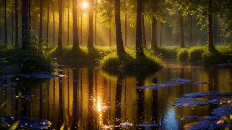 Photo of forest and raindrops, Romantic landscape style, Canon EOS 5D Mark IV, Sunny Impressionism, evening, Sparkling water ref...