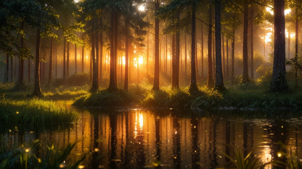 Фото леса и капель дождя, Романтический пейзажный стиль, Canon EOS 5D Марк IV, солнечный импрессионизм, вечер, отражения сверкающей воды, Качественные фотографии,