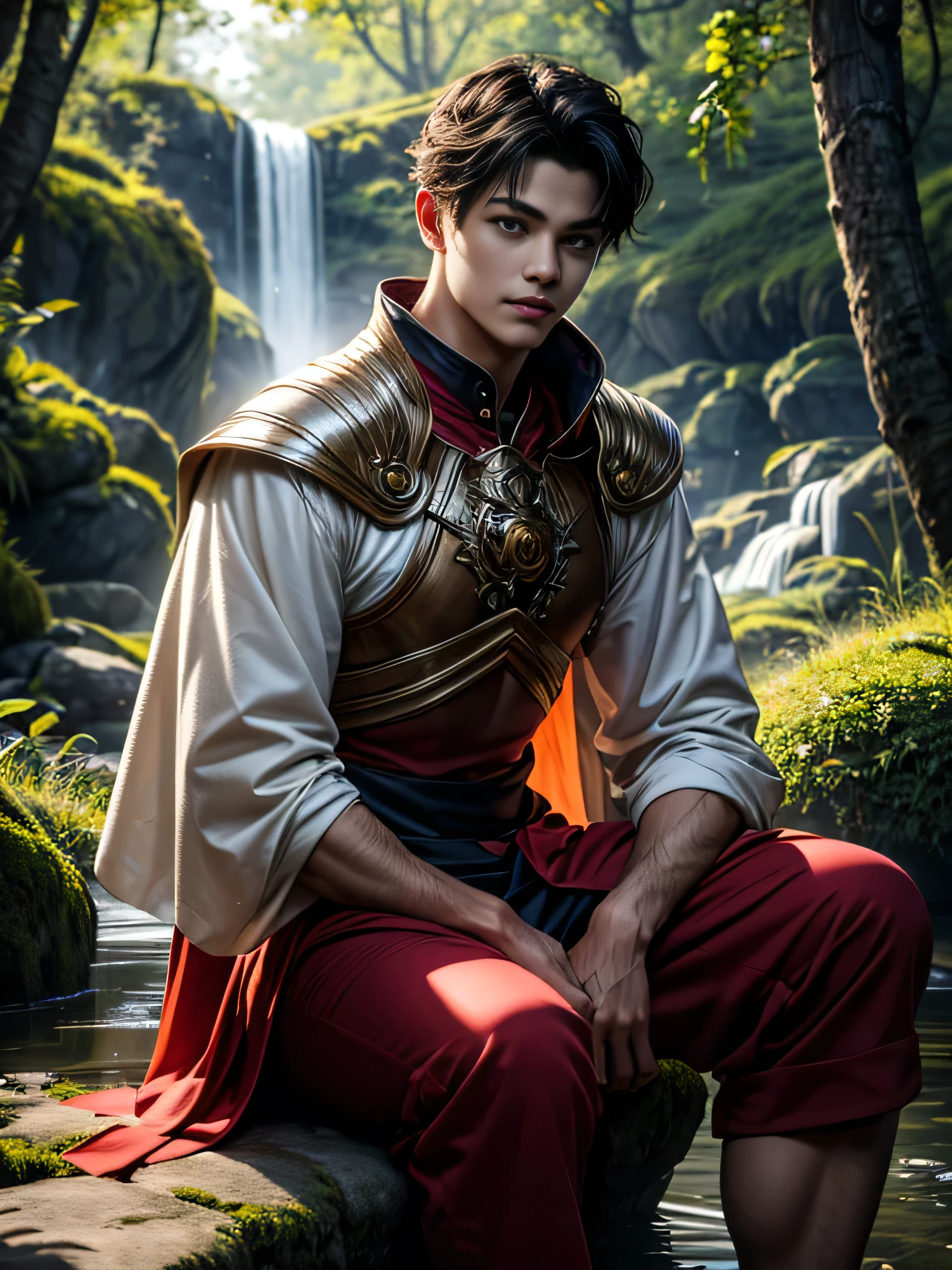 (Best quality, 8K, masterpiece, HDR, soft lighting, perfect image, realistic, Bright), Fox guy sitting on a stone in a forest with a waterfall, landscape with a mountain waterfall in the background, handsome man, he has beautiful blue eyes and a kind smile, black hair, naked torso with developed body, (Fantasy ultra high quality art, latest fantasy), masterpiece, Ultra high quality male and female character designs, anime art with 8k development, realistic anime art, wallpaper illustrations of the highest quality, complex ultra high quality accurate faces of male characters, high quality design and precision physics (ultra high quality fantasy style)), art, dark fantasy)) Style), Masterpieceы, super quality characters, resolution anime - 8k, realistic anime art, highest quality wallpaper illustration, Ultra-high facial detail, high-quality design and physics accuracy), by color, depth of field, to the shadows, ray tracing, high quality and production of computer wallpapers in 8K resolution, Ethereal Fox, meditates, artistic 8k, Calm facial expression, 8k art, meditation pose, zen meditation cyberpunk, fantasy love fox, Dark Fox Mage, (Accurate simulation of the interaction of light and material)], [Carefully detailed hair [Read more about beautiful and shiny hair]], (Perfectly detailed hands [perfect fingers [Beautiful nails]], (Perfectly detailed legs and feet [perfect fingers [Beautiful nails]], (perfect anatomy (perfect proportions)) [[ Look at full growth]], [Ideal color coordination (Accurate simulation of the interaction of light and material)], [art, conveying the meaning of history]