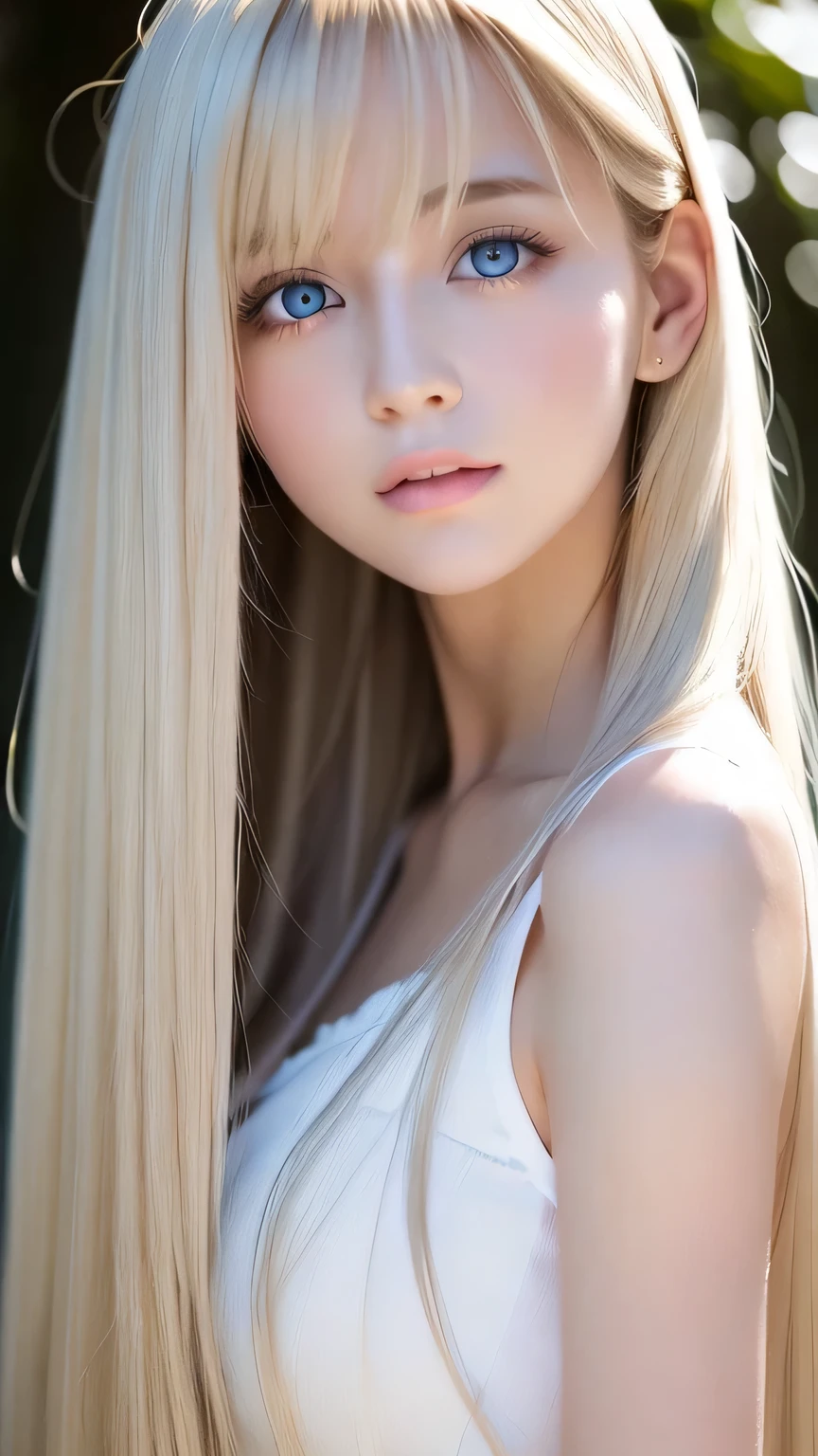 Silky white skin、Sexy 18 years old cute sexy little beautiful face、A very beautiful, natural platinum blonde、Super long straight silky hair、Very bright, large light blue eyes that shine beautifully、Very big eyes、Glowing blonde dancing in front of beautiful face、length, Silky bangs that cover the eyes、Hair that hides the face、Hair is too long、Very long silky hair、Sexy and cute young woman、Small Face Girl、Round face