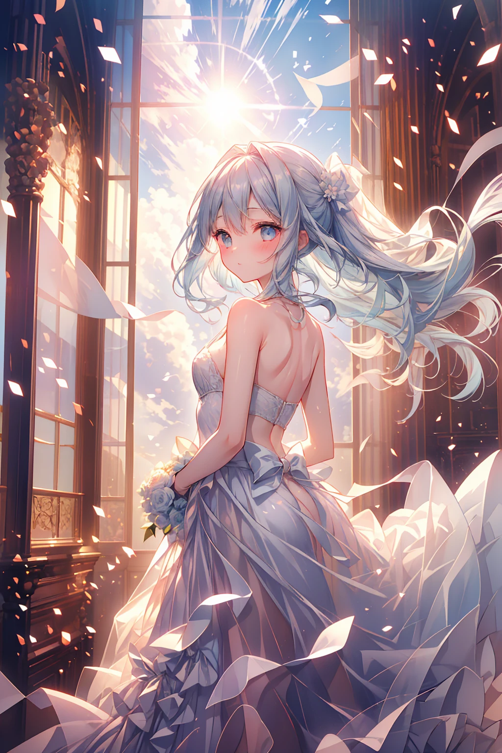 masterpiece, best quality, extremely detailed, (illustration, official art: 1.1), 1 girl, (((light blue long hair))), light blue hair, 10 years old, long hair ((blush)), cute face, big eyes, masterpiece, best quality, (((a very delicate and beautiful girl)))), amazing, beautiful detailed eyes, blunt bangs (((little delicate girl)))), tareme .(true beautiful: 1.2), sense of depth, dynamic angle,,, affectionate smile, ???, (8K, HDR, highres), (((photography, RAW photo, hyperrealism, masterpiece, best quality, ultra highres))), (pin light, back light, backlighting, cinematic light), sharp focus: 1. 4, (hyper detail, detailed), full body,1girl, in a field of reeds where the wind blows as the sun sets, there stands a girl in a wedding dress The dress is a flowing white gown that catches the breeze and dances with the wind. The girl's light blue hair is loose and tousled, and she holds a bouquet of wildflowers in her hands. As the sun sets behind her, casting a warm golden light over the field, she stands tall and serene, like a vision of beauty and grace, oval face,  small and pretty but plump lips, 
