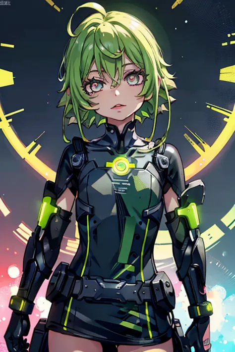 A young boy，Short green hair is messy，luminous pink eyes，wearing futuristic clothing，Happy and happy。