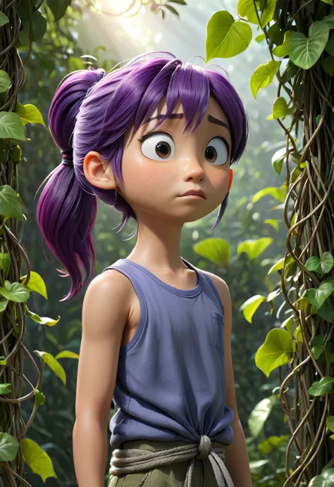 14 year old japanese boy, purple hair in a ponytail, blue collar, gray tank top, tied up in vines, forced to move to free himsel...