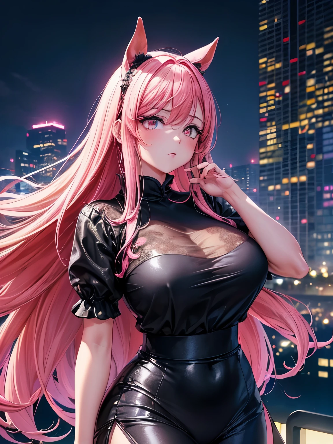 アニメ, (work of art, best qualityer, ultra detali, hight contrast), 1womanl (standing alone, whole body, corpo plus size, standing on the edge of the skyscraper, silver hair, LONG in a ponytail, Eyes red, perfect eyes ruby sparkles, (simple black qipao, black cybernetics with neon pink), black transparent socks), (skyscraper roof, overlooking a city, detailed back ground ((Night time, darkness, low light pollution)))