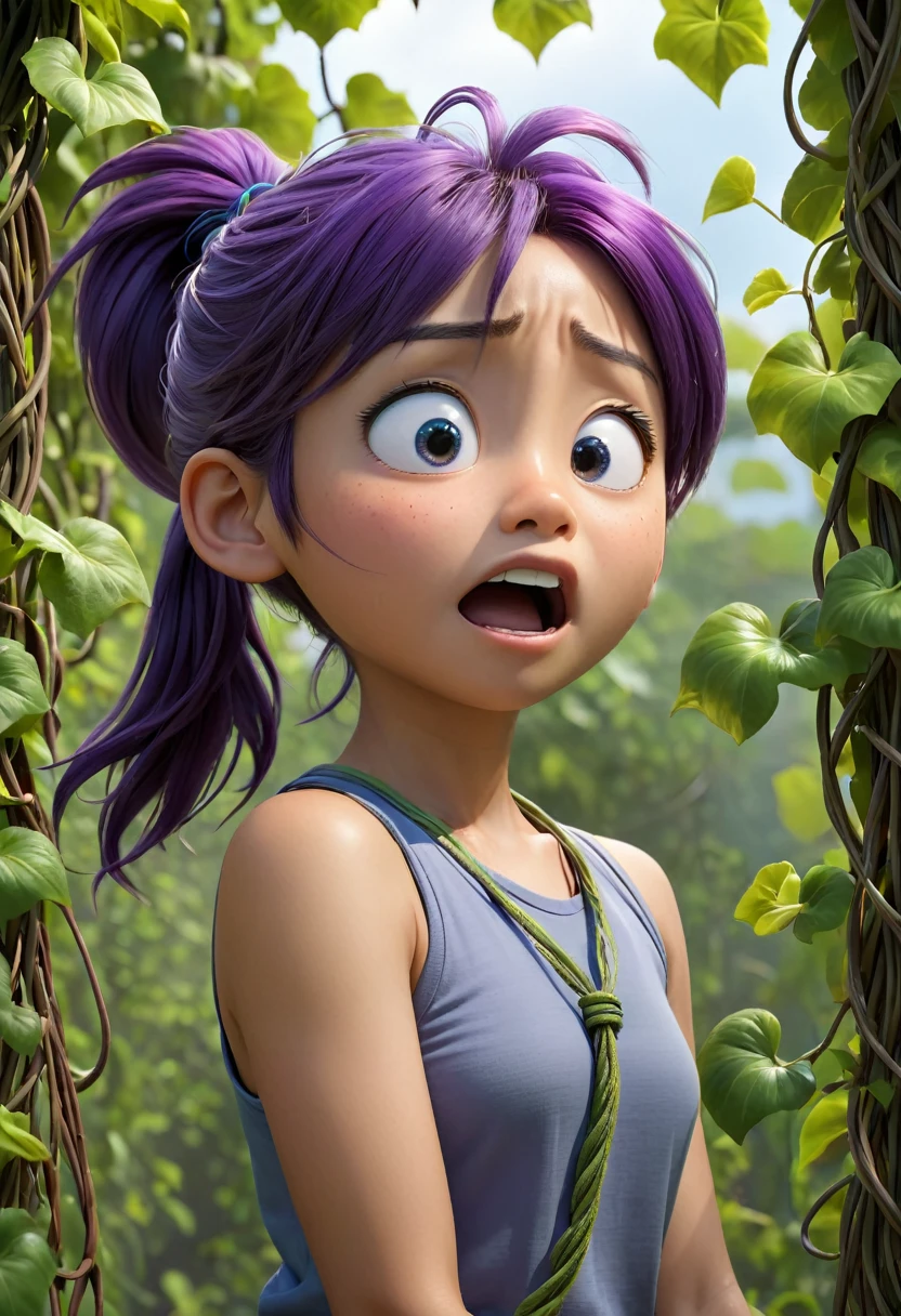 14 year old Japanese boy, purple hair in ponytail, blue collar, gray tank top, terrified, tied up in vines in the air, trying to move to free himself, suffocating, 3d Pixar, (best quality, 4k, 8k, HD resolution, Masterpiece: 1.2), highly detailed, (realistic, photorealistic, photorealistic: 1.37), jungle, tying and tying up in vines, vivid colors, studio lighting