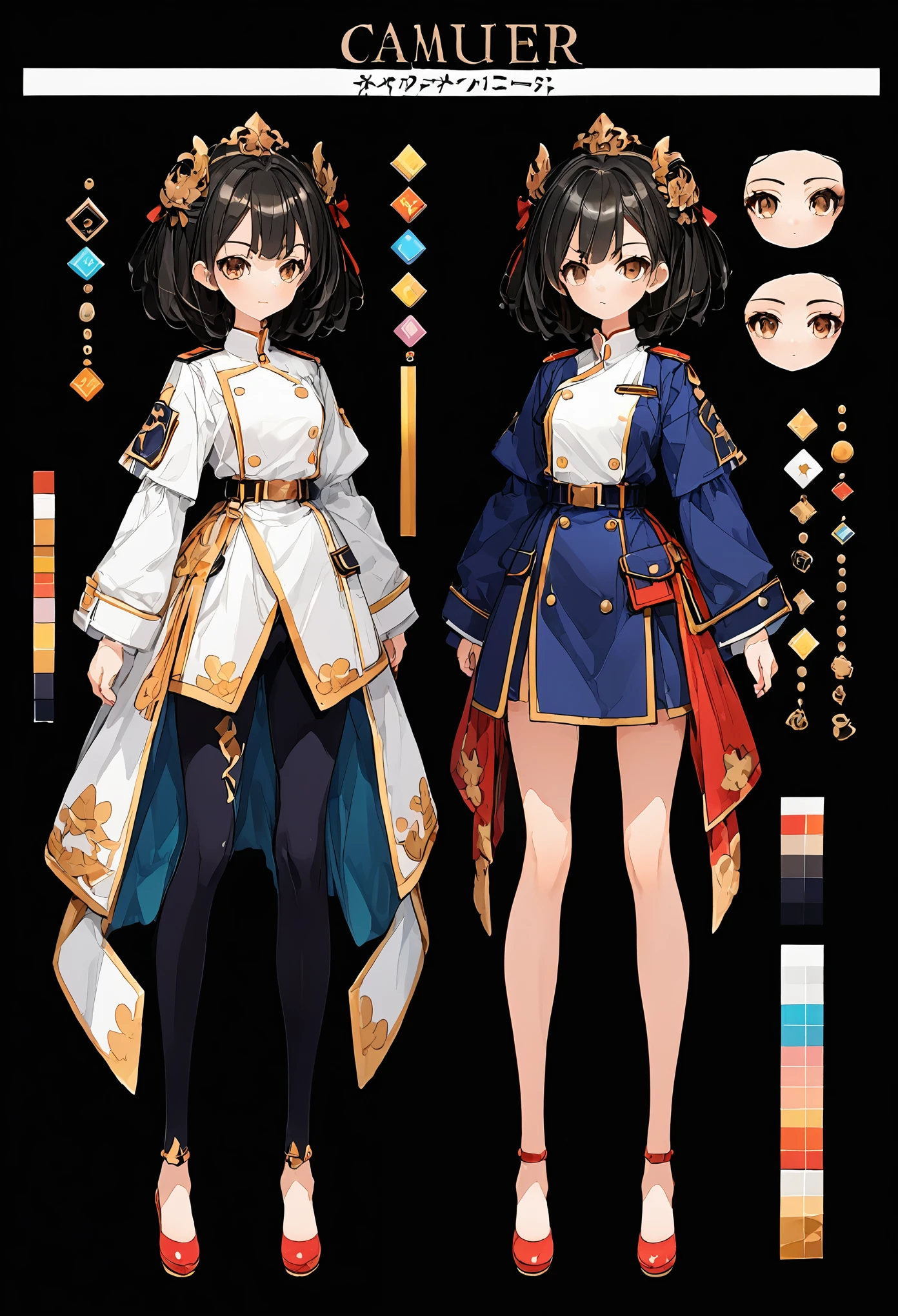 anime - style image of a character with a variety of hair and accessories, anime set style, anime character reference sheet, fantasy uniform, flat anime style, anime full body illustration, full_body!!, complete detailed body, extra detailed body, anime vtuber full body model, soft anime illustration, anime style character, clean detailed anime style,