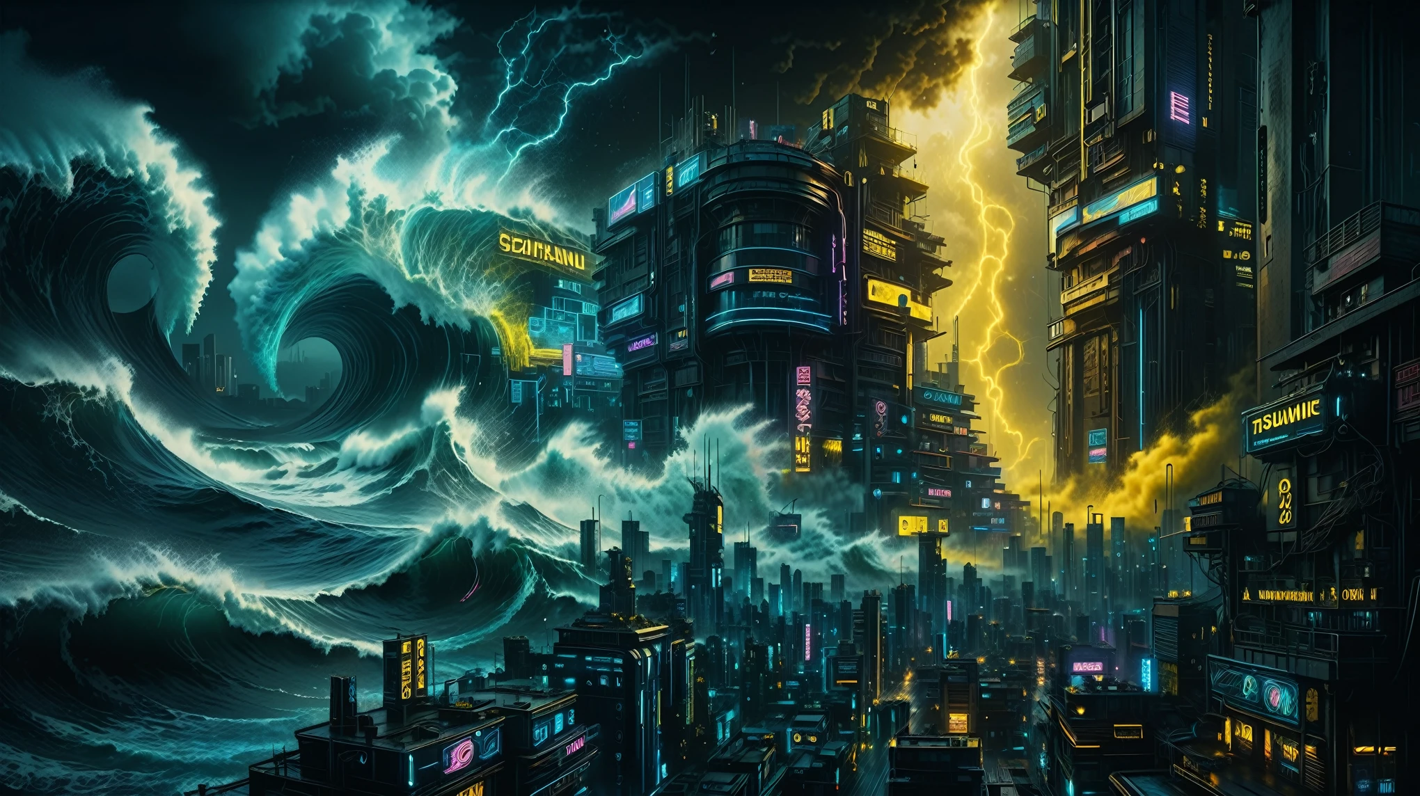 Un impresionante, imagen de alta calidad de una escena cyberpunk Esta cautivadora ola gigante en una ciudad cyberpunk, La pieza fusiona sin problemas la fotografía, Combinación impresionante de oscuridad y neón, Azul Profundo Amarillo Plata y Negro, ilustración, renderizado 3D, y pintura para crear una experiencia cinematográfica que evoca tanto asombro como peligro.