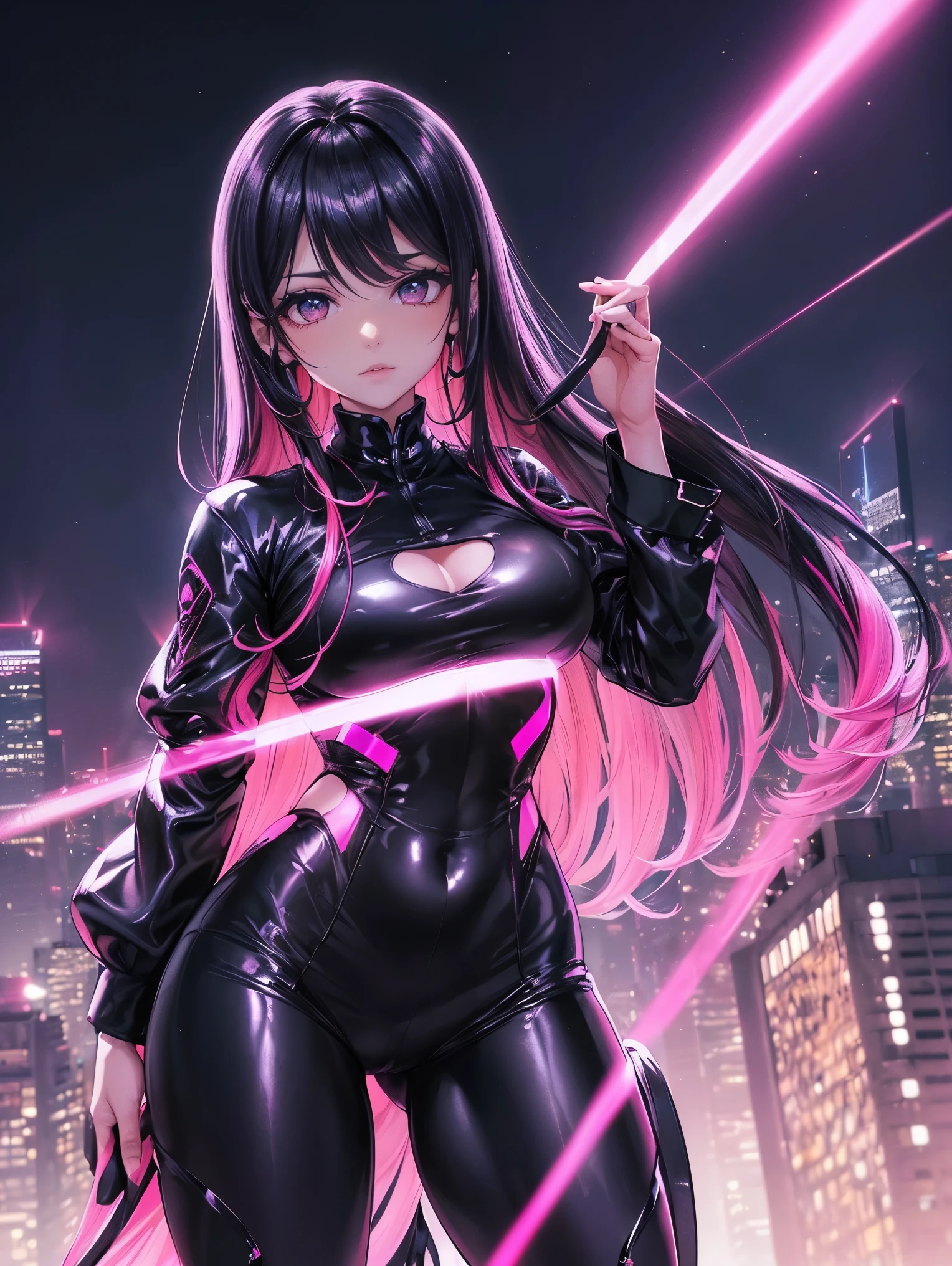 アニメ, (work of art, best qualityer, ultra detali, hight contrast), 1womanl (standing alone, whole body, corpo plus size, standing on the edge of the skyscraper, silver hair, LONG in a ponytail, Eyes red, perfect eyes ruby sparkles, (simple black qipao, black cybernetics with neon pink), black transparent socks), (skyscraper roof, overlooking a city, detailed back ground ((Night time, darkness, low light pollution)))