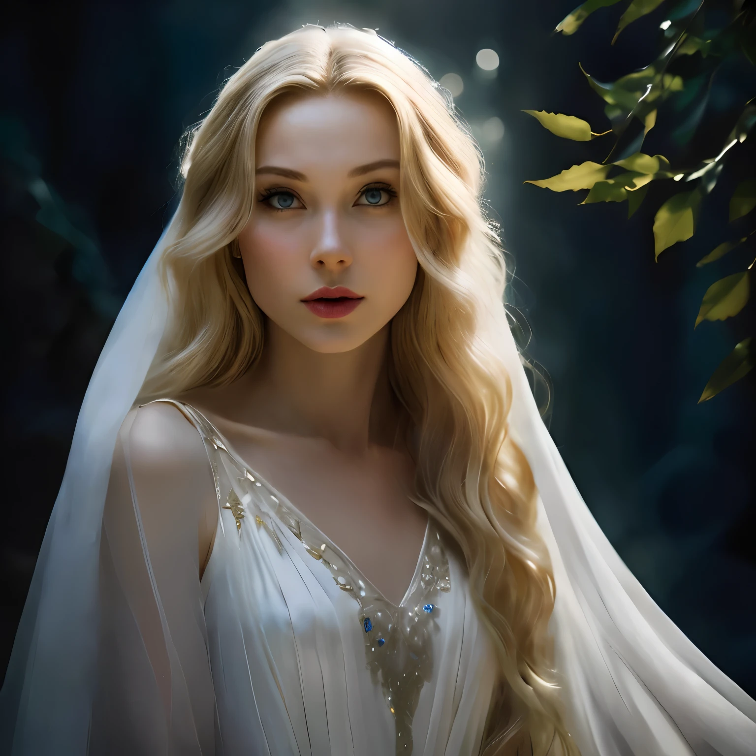 femme blonde aux cheveux longs portant une robe de mariée blanche et un voile, of elven queen Galadriel, beautiful princesse elfique, Galadriel, Galadriel in lothlórien, Galadriel from lord of the rings, Very beautiful elven supermodel, Blonde elven Empress, portrait d&#39;a very beautiful elf, princesse elfique