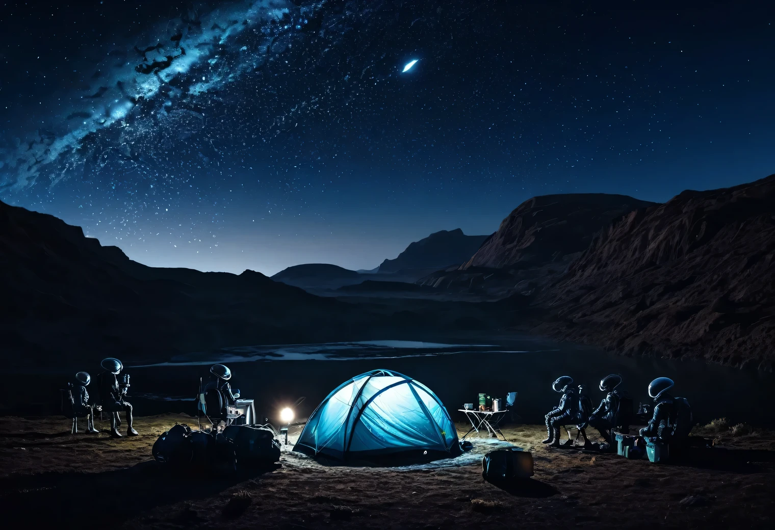 야외 캠핑, 밤, 외계 행성, 외계 동물군, 외계 기술, 외계 행성s and unknown constellations in the 밤 sky, fantastic 야외 캠핑 on an 외계 행성, 시네마틱 프레임