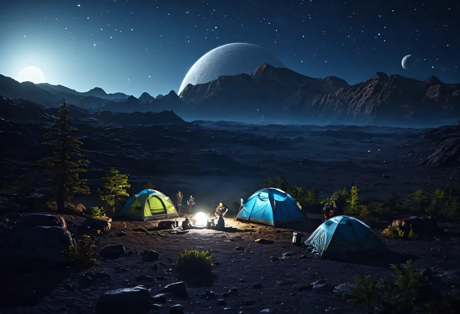 Outdoor Camping, night, alien planet, alien fauna, alien technology, alien planets and unknown constellations in the night sky, fantastic Outdoor Camping on an alien planet, cinematic frame, extremely detailed, extremely extended, hyperactive, hyper-accurate