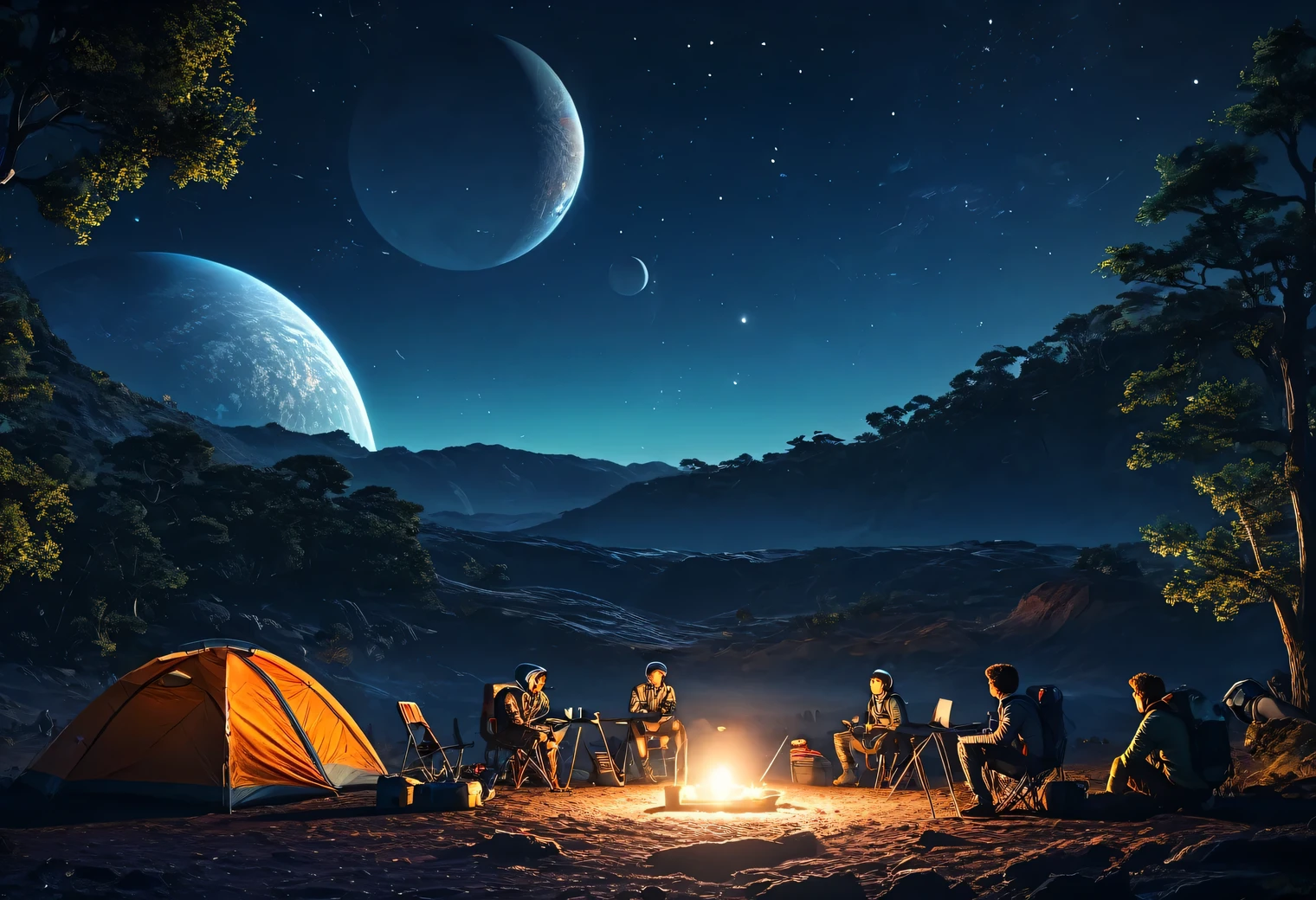 Outdoor Camping, night, alien planet, alien fauna, alien technology, alien planets and unknown constellations in the night sky, fantastic Outdoor Camping on an alien planet, cinematic frame, extremely detailed, extremely extended, hyperactive, hyper-accurate, (classic anime style)