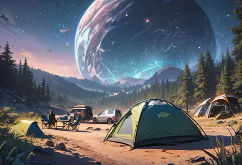 Outdoor Camping, night, alien planet, alien fauna, alien technology, alien planets and unknown constellations in the night sky, ...