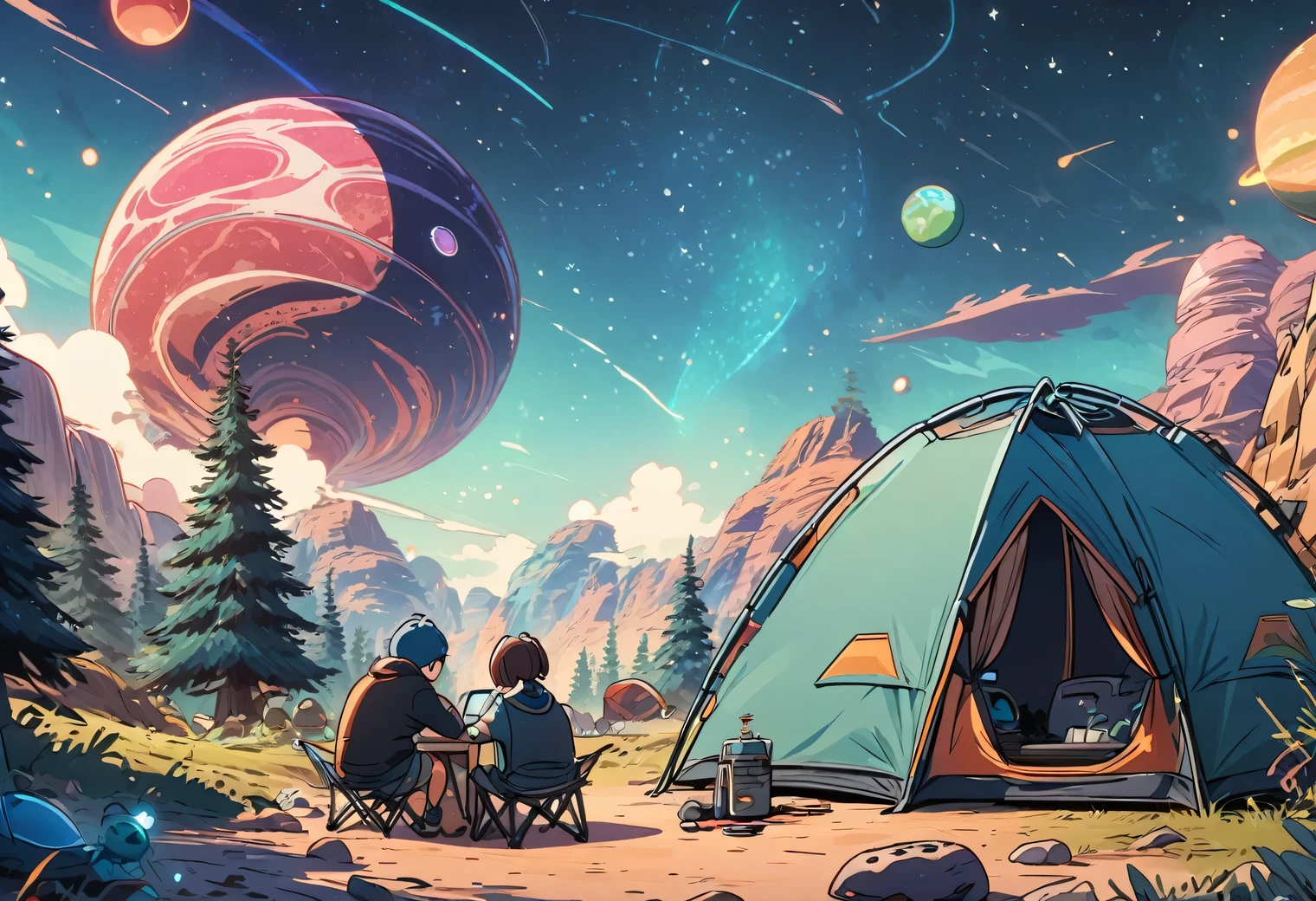 Camping im Freien, Nacht, alien planet, Außerirdische Fauna, Außerirdische Technologie, alien planets and unknown constellations in the Nacht sky, fantastic Camping im Freien on an alien planet, filmischer Rahmen, Extrem detailliert, (handgezeichneter Cartoon-Stil)