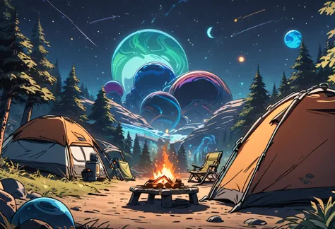 Outdoor Camping, night, alien planet, alien fauna, alien technology, alien planets and unknown constellations in the night sky, ...