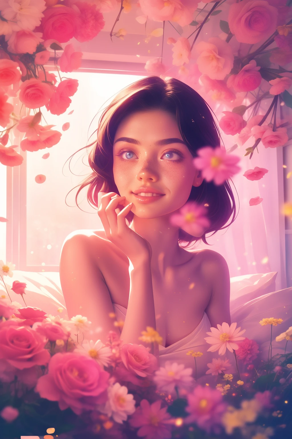 (This is a beautiful, intricate, (romatic) fantasy image that emphasizes beauty and grace.) Generate a blind curvy woman with soft natural freckles. Her face is important and should be (perfectly formed) with (beautiful puffy lips) and (perfect features). There is a cute freckle birthmark on her lip. The image exudes ethereal beauty and soft fantasy, with shimmering shades of pink throughout. Surround her with eternal roses in shimmering shades. Ensure perfection in her face, hair, and eyes. Include sweet and detailed birds and soft, luminous flowers and detailed roses. Utilize dynamic composition and dramatic lighting and cinematic lighting to create an interesting fantasy image. The background of the image is interesting and ultra-detailed, with soft fantasy lighting and gradients. Include fantasy details, cute aura, colorful, colourful, and interesting magical background. ((pretty room)), ((bed)), The image's background is decorated in shades of pink, shimmer, glitter, and fantasy details like colored bubbles and cosmos. Include subtle freckles, natural freckles and a diffused realistic skin tone. Incorporate elements of high fantasy, whimsy, and detailed elegance. English rose, princess, courtesan, noblewoman, sweet, lovely, calm, lovely, shimmering, glimmering, glittering, astrological fantasy, (((masterpiece))), (highest quality), magic rose, fantasy garden, beautiful face, perfect face, puffy lips, interesting, shy smile, fantasy elements, magic rose, beautiful eyes, perfect puffy lips, jewel tones, luminosity. Taken with a canon camera.