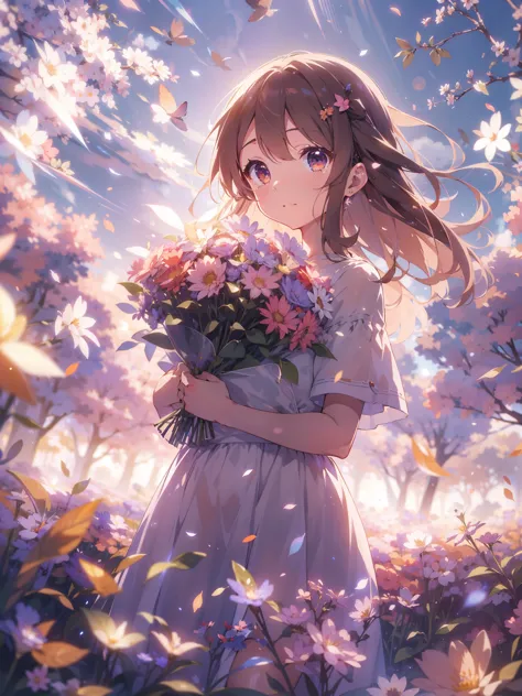 anime,depth of field, cinematic lighting, lens flare, f/1.2,(masterpiece:1.2),(high definition),Flower Field、Girl with a bouquet...