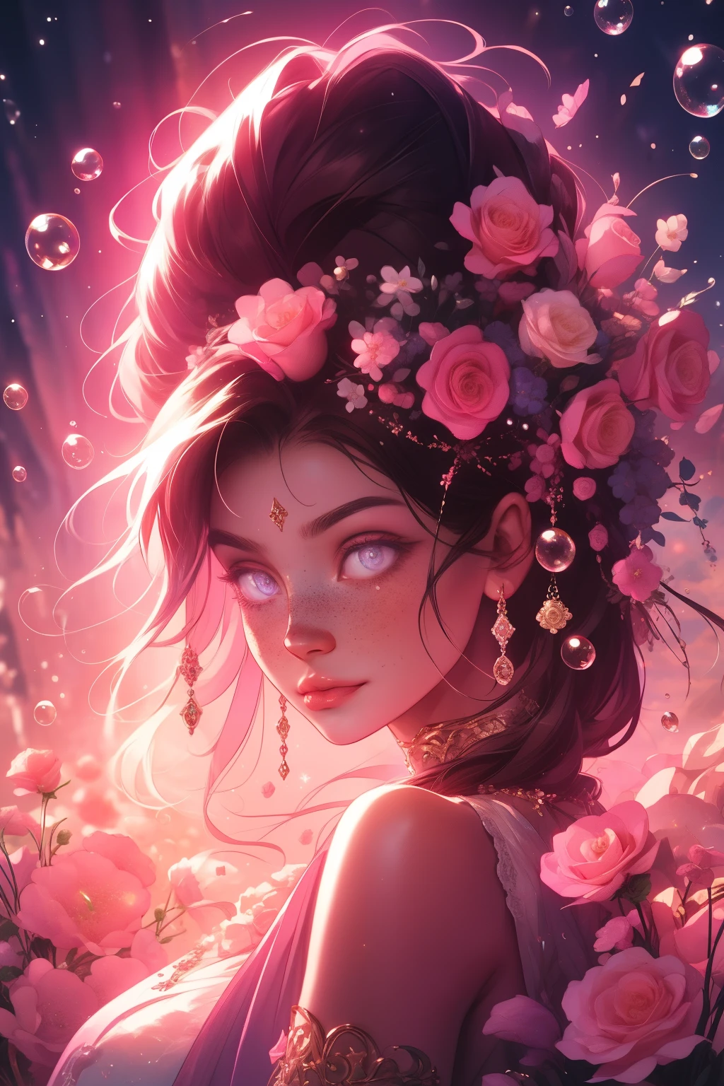 (This is a beautiful, intricate, (romatic) fantasy image that emphasizes beauty and grace.) Generate a blind curvy woman with soft natural freckles. Her face is important and should be (perfectly formed) with (beautiful puffy lips) and (perfect features). There is a cute freckle birthmark on her lip. The image exudes ethereal beauty and soft fantasy, with shimmering shades of pink throughout. Surround her with eternal roses in shimmering shades. Ensure perfection in her face, hair, and eyes. Include sweet and detailed birds and soft, luminous flowers and detailed roses. Utilize dynamic composition and dramatic lighting and cinematic lighting to create an interesting fantasy image. The background of the image is interesting and ultra-detailed, with soft fantasy lighting and gradients. Include fantasy details, cute aura, colorful, colourful, and interesting magical background. The image's background is decorated in shades of pink, shimmer, glitter, and fantasy details like colored bubbles and cosmos. Include subtle freckles, natural freckles and a diffused realistic skin tone. Incorporate elements of high fantasy, whimsy, and detailed elegance. English rose, princess, courtesan, noblewoman, sweet, lovely, calm, lovely, shimmering, glimmering, glittering, astrological fantasy, (((masterpiece))), (highest quality), magic rose, fantasy garden, beautiful face, perfect face, puffy lips, interesting, shy smile, fantasy elements, magic rose, beautiful eyes, perfect puffy lips, jewel tones, luminosity. Taken with a canon camera.