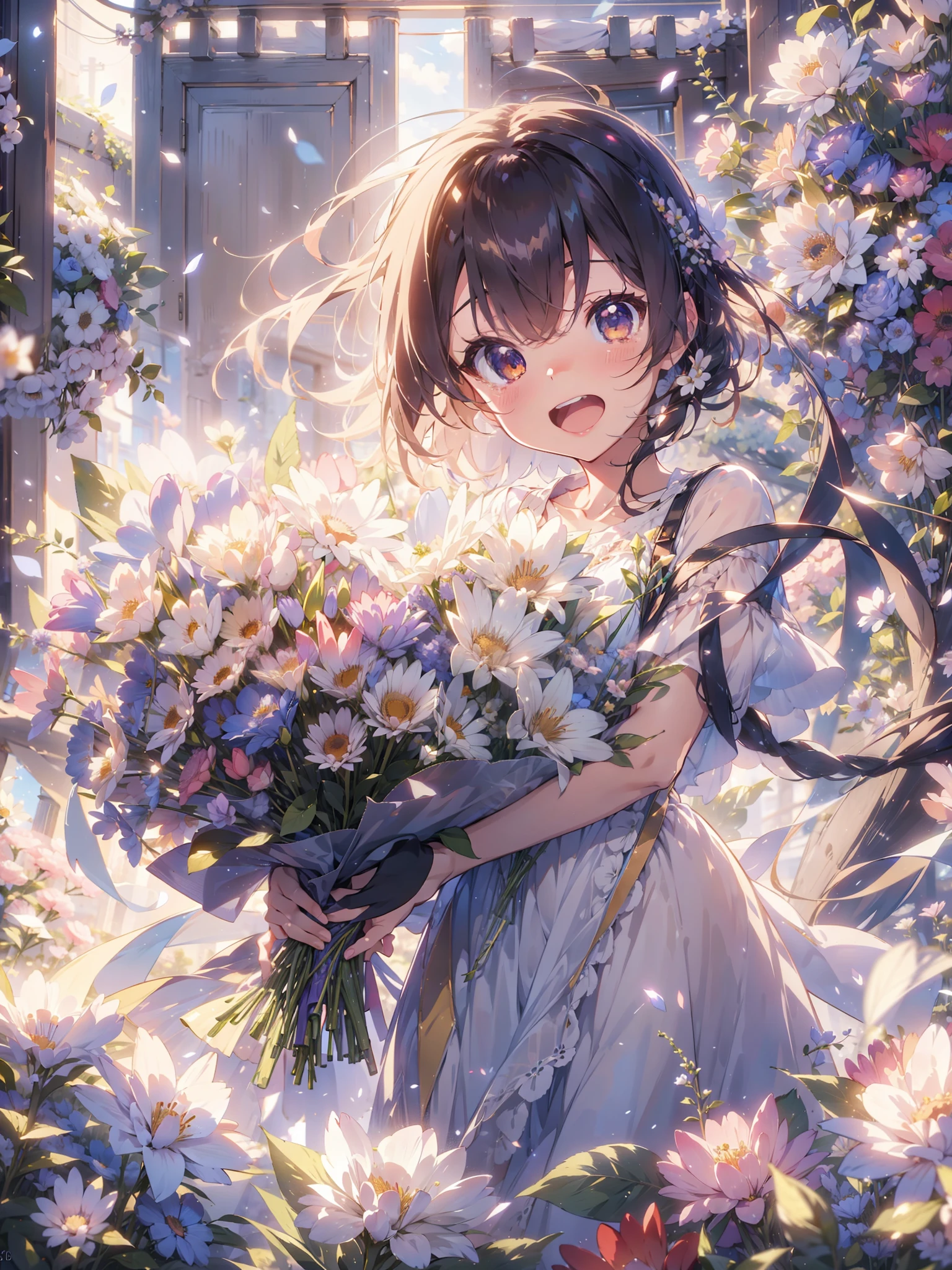 anime,depth of field, cinematic lighting, lens flare, f/1.2,(masterpiece:1.2),(high definition),Flower Field、Girl with a bouquet of flowers、Tears of joy、Petals fluttering、Light effects、An emotional photo、Filled with kindness、(A bouquet of flowers for you)