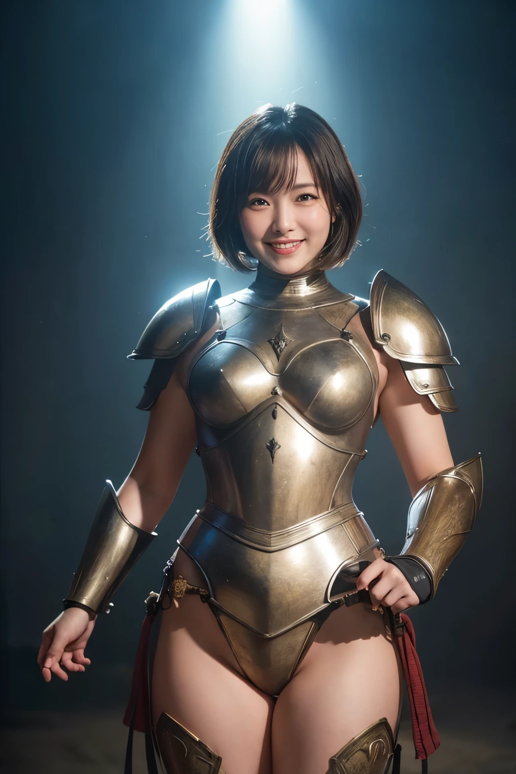 highest quality, masterpiece, Ultra-high resolution, (Reality: 1.4), Original photo, 1 woman, mature, happy smile, short hair, plump body, , Cinema Lighting, from below,Medieval warrior、Armor with an open chest、Wide-open legs、Shameful pose、wariza