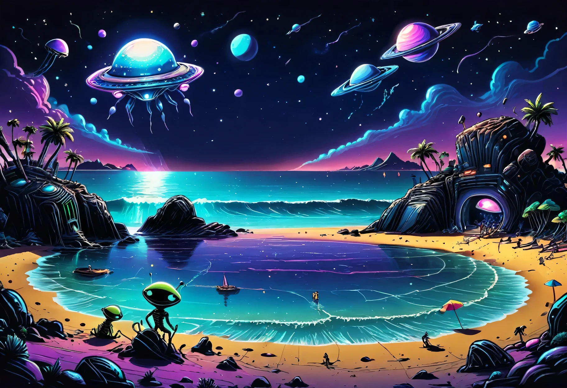 Beach party, night, alien planet, alien fauna, alien sea beach, alien technology, alien planets and unknown constellations in the night sky, fantastic Beach  on an alien planet, alien fantastic scenery and stage, alien beach  lights, ultraviolet, neon, strobe, cinematic frame, extremely detailed, (hand-drawn style cartoon)