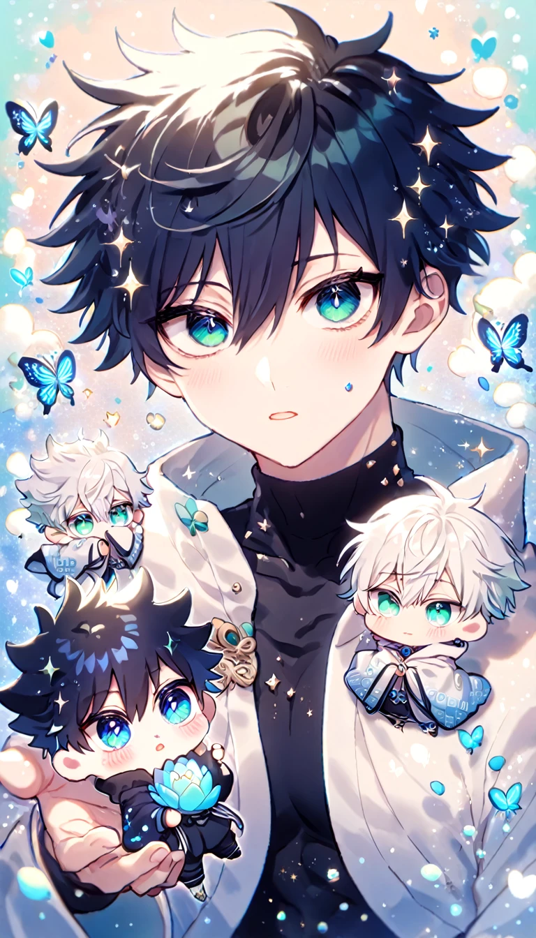 Ultra detailed, Highres, absurdres, HDR, Gojo Satoru, white hair with bangs, expressive blue eyes, hair between the eyes, white eyelashes, white haori with patterns, Jujutsu Kaisen, black tight shirt, fantasy, glittering blue butterflies, petals, handsome, sexy man, very detailed eyes and face, master piece, glittering, blue lotus, blue sapphire background, hugging Fushiguro Megumi chibi, black hair, expressive green eyes, cute, love, magical, toned chest